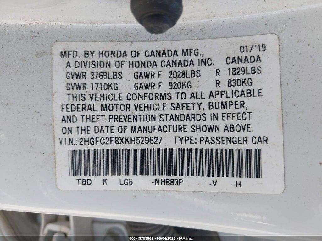 2HGFC2F8XKH529627 2019 HONDA CIVIC photo no. 9