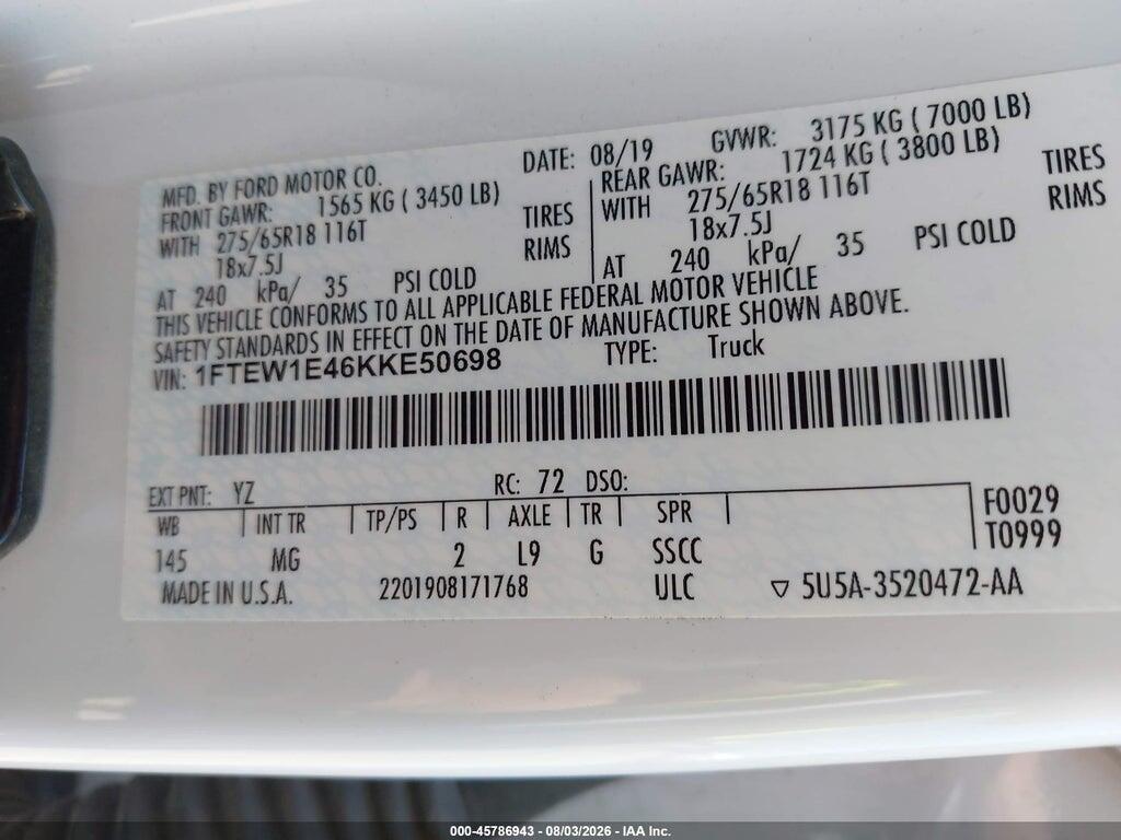 1FTEW1E46KKE50698 2019 FORD F-150 photo no. 9