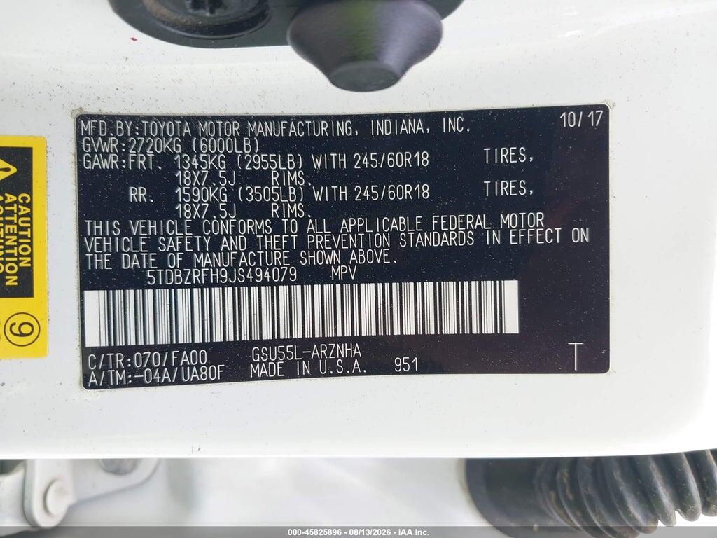 5TDBZRFH9JS494079 2018 TOYOTA HIGHLANDER photo no. 9