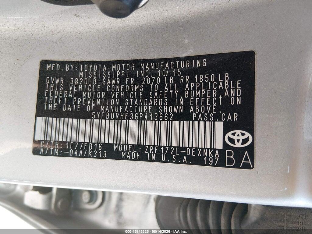 5YFBURHE3GP413662 2016 TOYOTA COROLLA photo no. 9