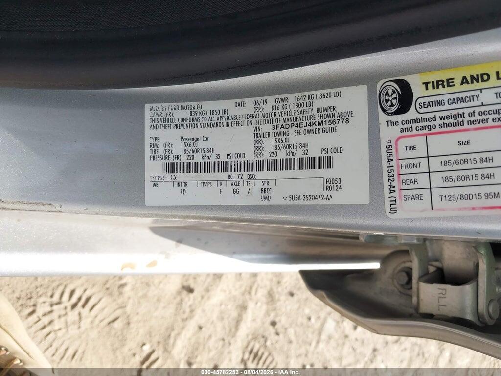 3FADP4EJ4KM156778 2019 FORD FIESTA photo no. 9