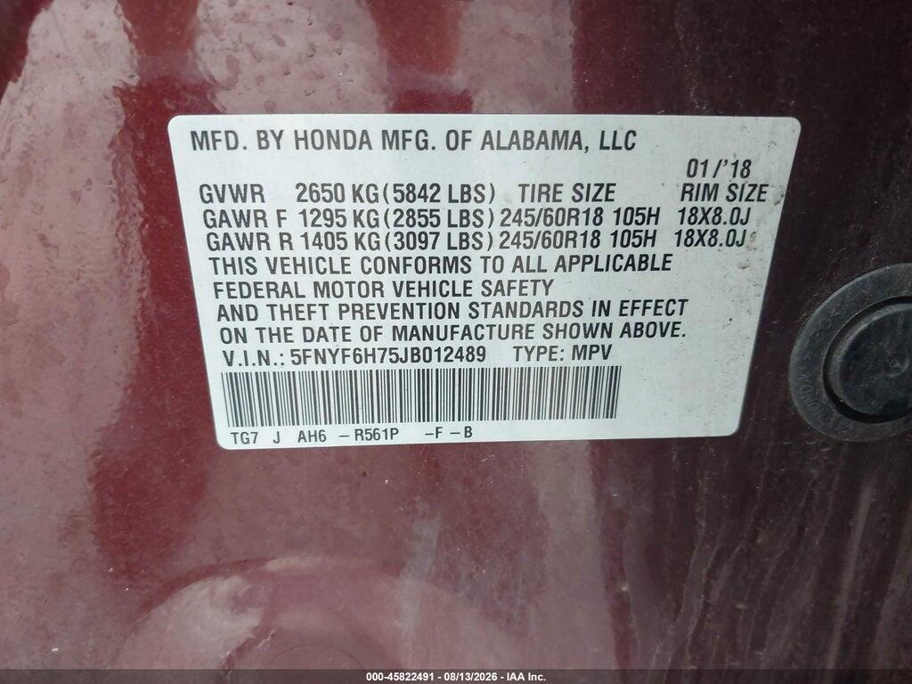 5FNYF6H75JB012489 2018 HONDA PILOT photo no. 9