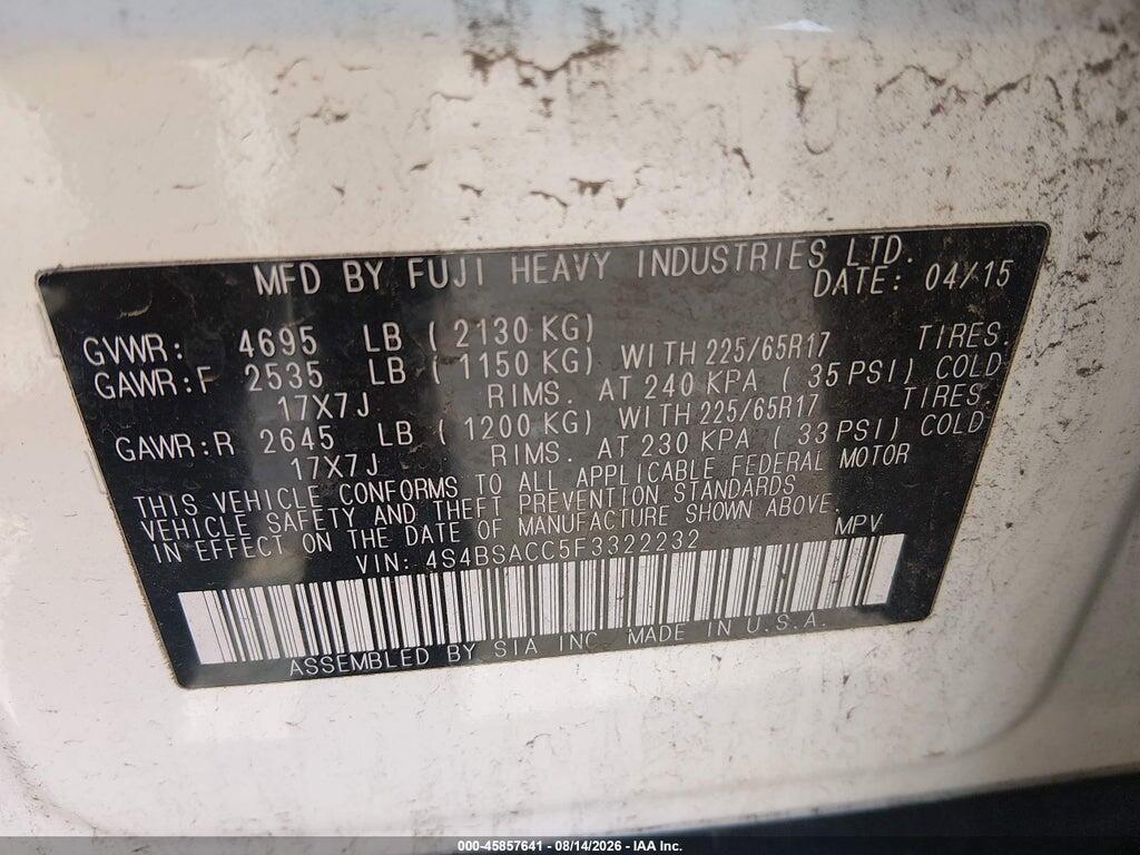 4S4BSACC5F3322232 2015 SUBARU OUTBACK photo no. 9