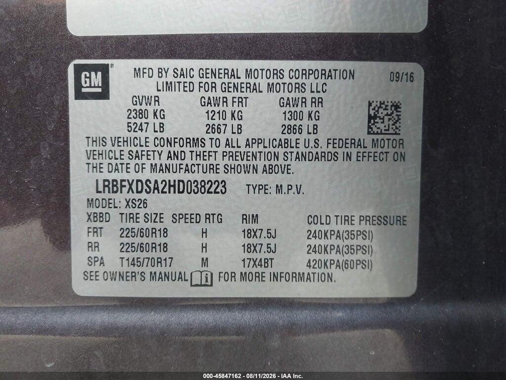 LRBFXDSA2HD038223 2017 BUICK ENVISION photo no. 9