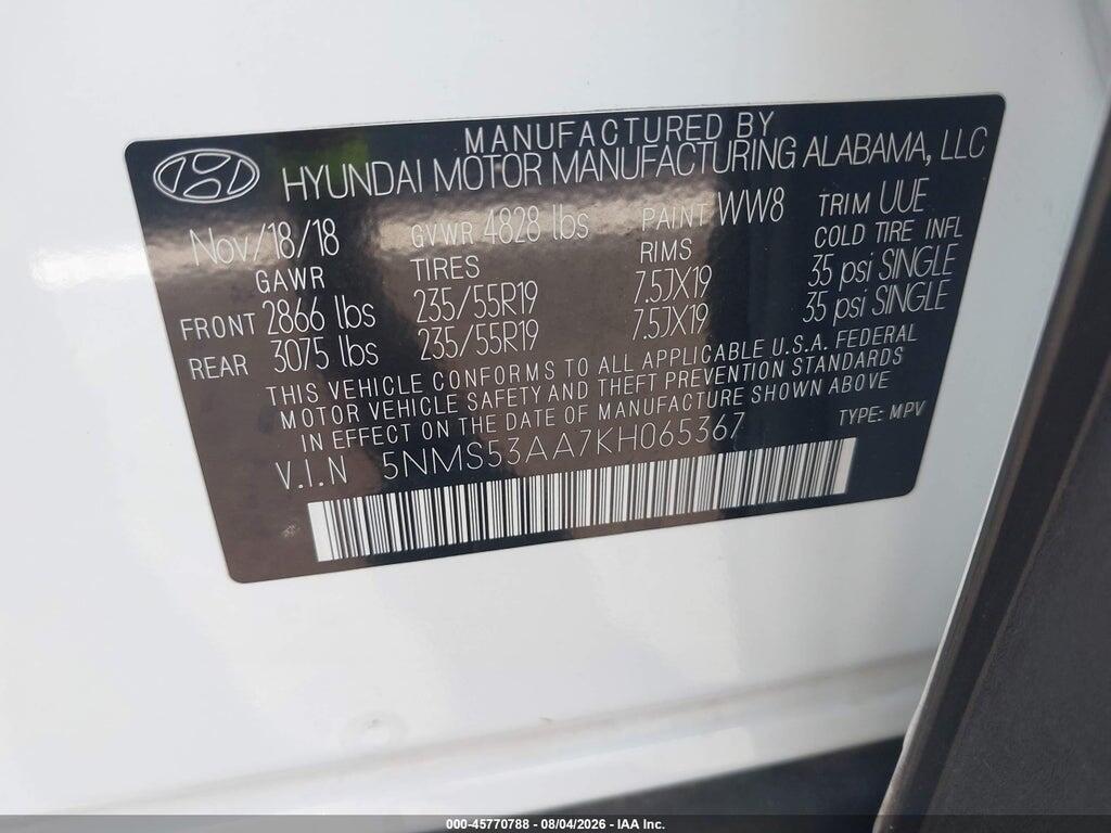 5NMS53AA7KH065367 2019 HYUNDAI SANTA FE photo no. 9