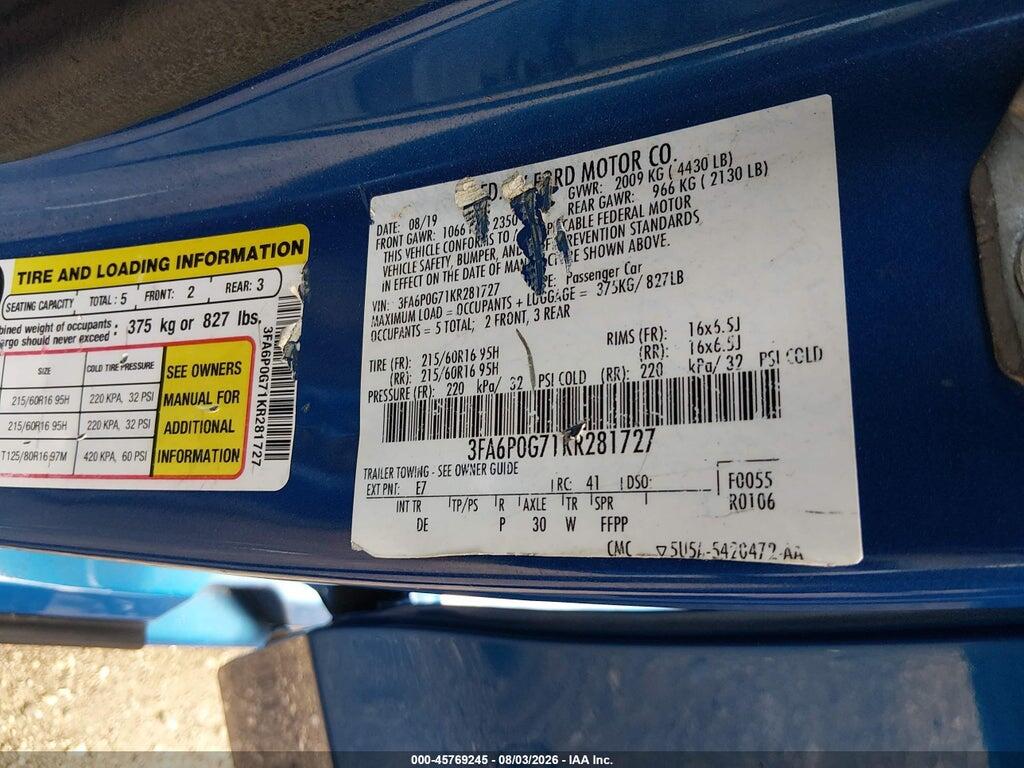 3FA6P0G71KR281727 2019 FORD FUSION photo no. 9
