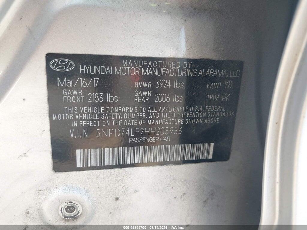 5NPD74LF2HH205953 2017 HYUNDAI ELANTRA photo no. 9