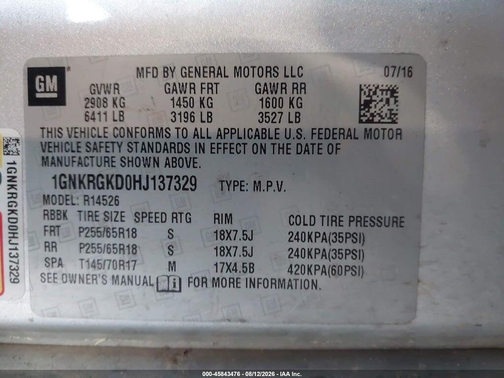 1GNKRGKD0HJ137329 2017 CHEVROLET TRAVERSE photo no. 9