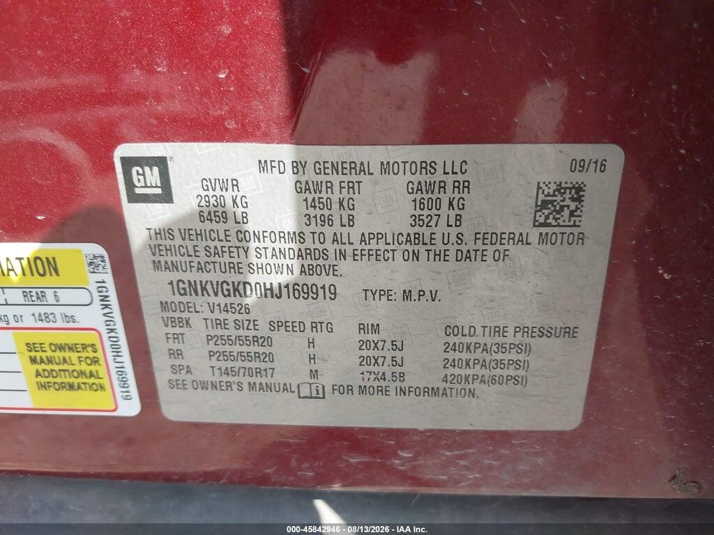 1GNKVGKD0HJ169919 2017 CHEVROLET TRAVERSE photo no. 9