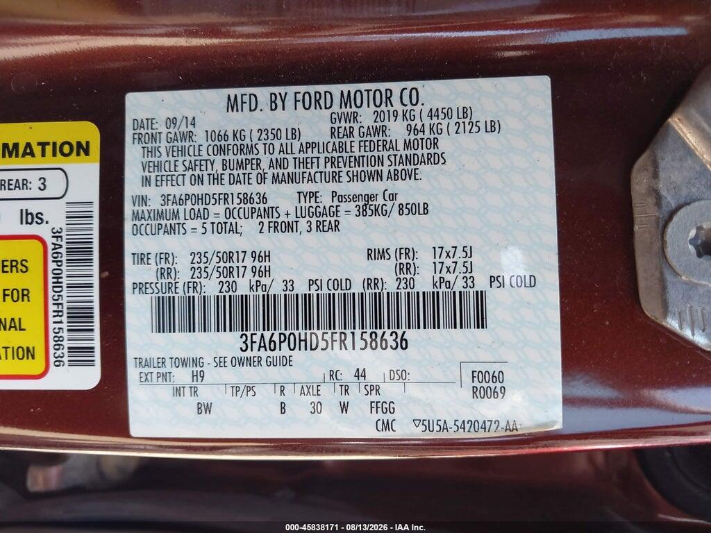 3FA6P0HD5FR158636 2015 FORD FUSION photo no. 9