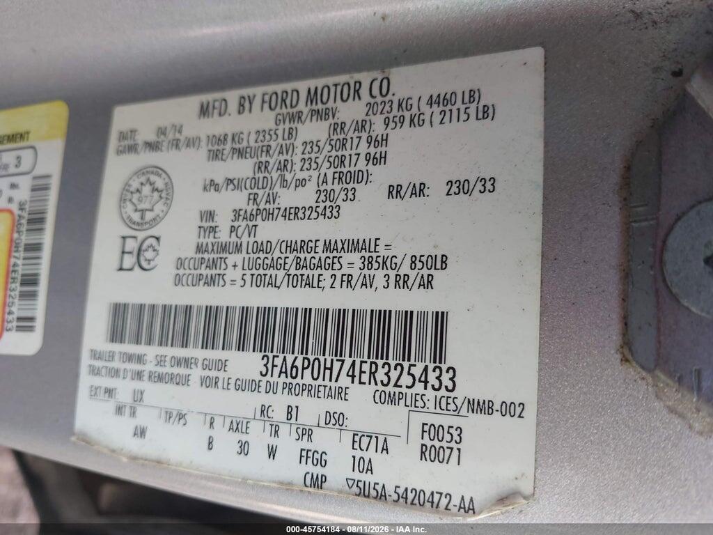 3FA6P0H74ER325433 2014 FORD FUSION photo no. 9