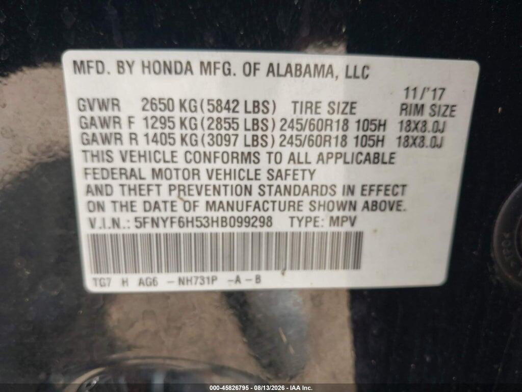 5FNYF6H53HB099298 2017 HONDA PILOT photo no. 9