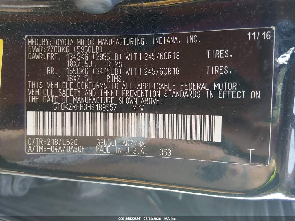 5TDKZRFH3HS189557 2017 TOYOTA HIGHLANDER photo no. 9