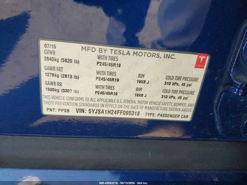 5YJSA1H24FF095318 2015 TESLA MODEL S photo no. 9