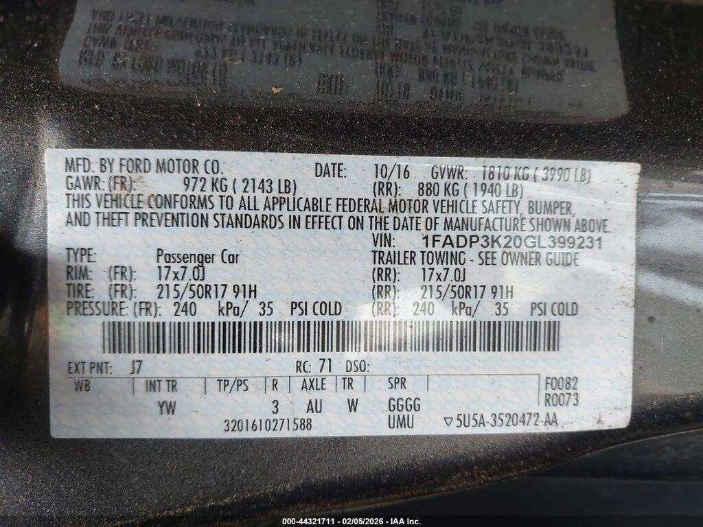 1FADP3K20GL399231 2016 FORD FOCUS photo no. 9