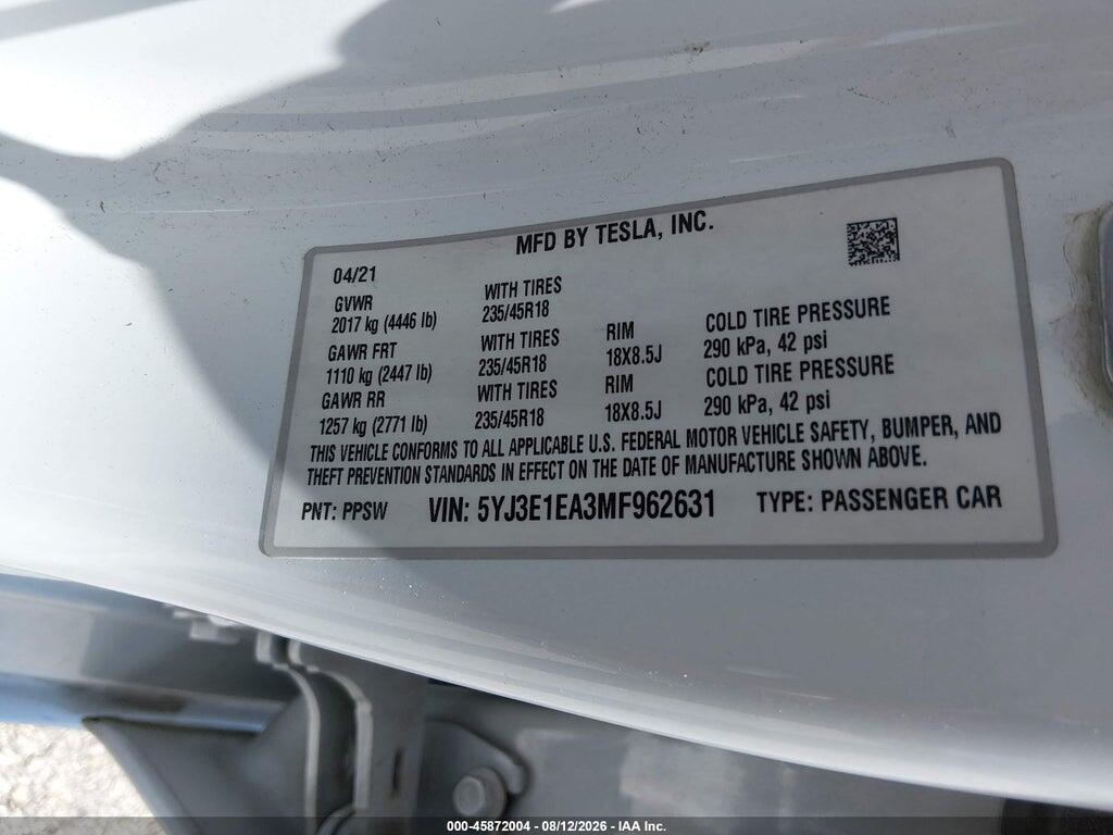5YJ3E1EA3MF962631 2021 TESLA MODEL 3 photo no. 9