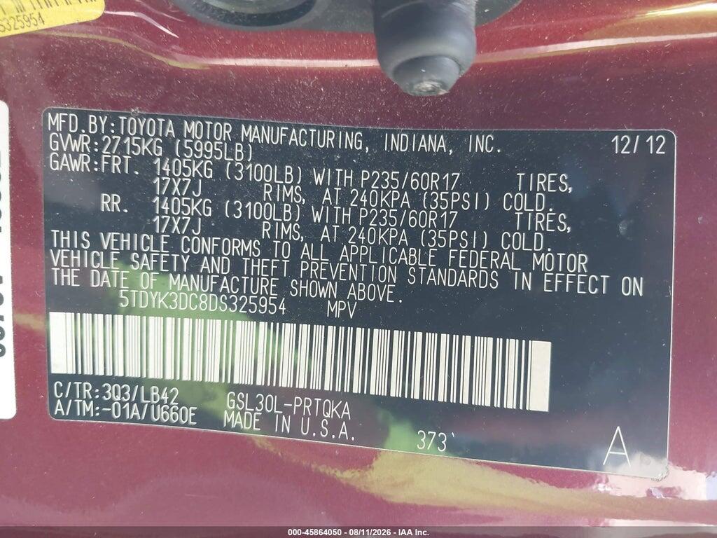 5TDYK3DC8DS325954 2013 TOYOTA SIENNA photo no. 9