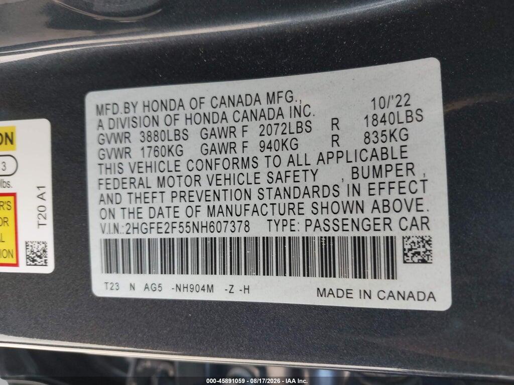 2HGFE2F55NH607378 2022 HONDA CIVIC photo no. 9