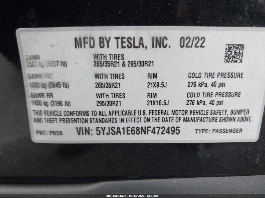 5YJSA1E68NF472495 2022 TESLA MODEL S photo no. 9