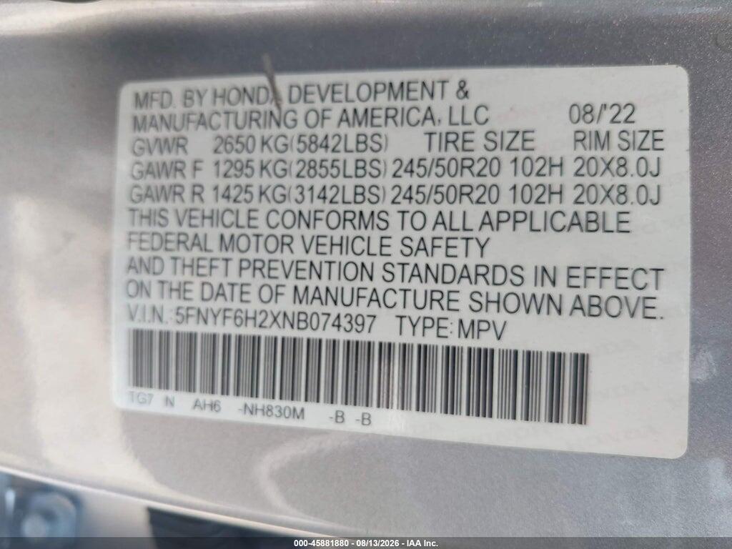 5FNYF6H2XNB074397 2022 HONDA PILOT photo no. 9