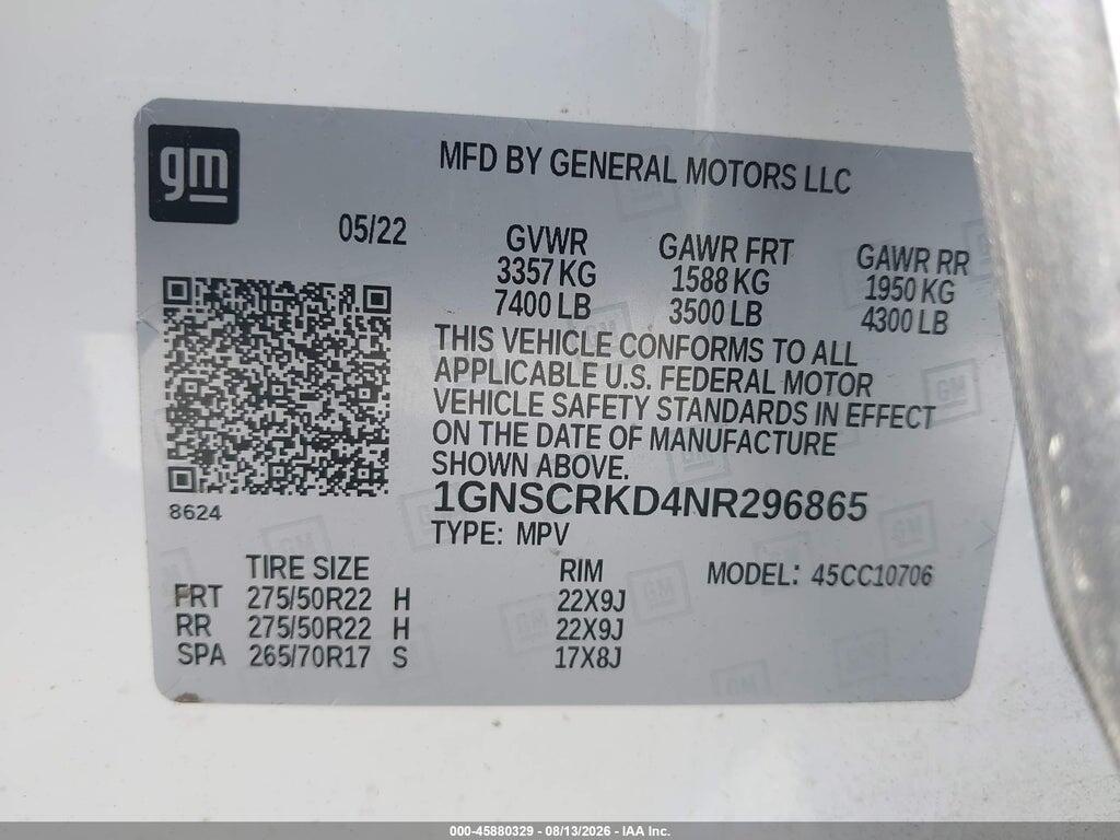 1GNSCRKD4NR296865 2022 CHEVROLET TAHOE photo no. 9