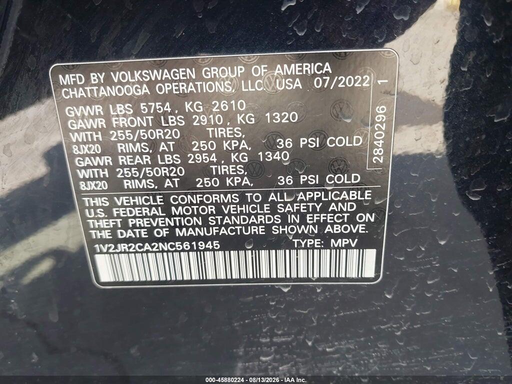 1V2JR2CA2NC561945 2022 VOLKSWAGEN ATLAS photo no. 9