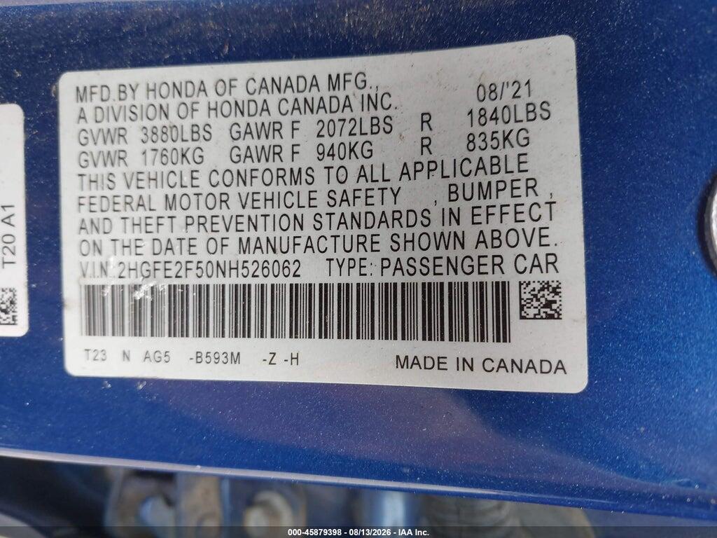 2HGFE2F50NH526062 2022 HONDA CIVIC photo no. 9