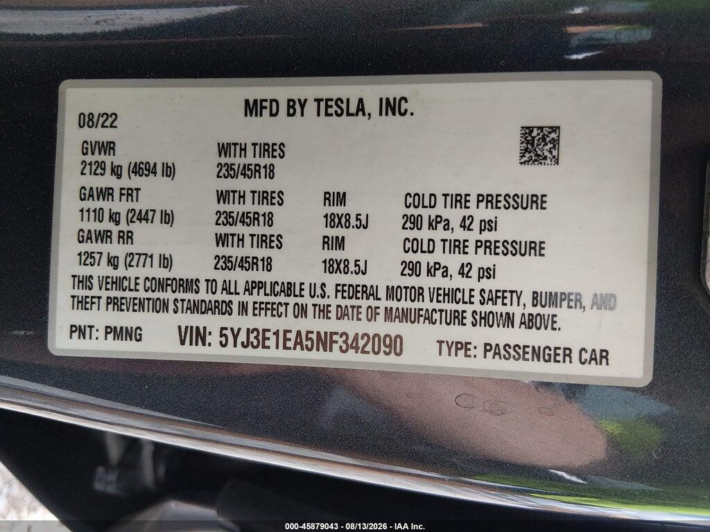 5YJ3E1EA5NF342090 2022 TESLA MODEL 3 photo no. 9