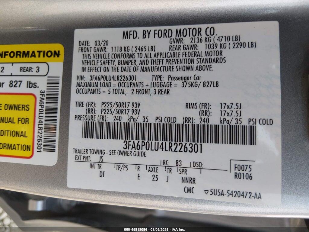 3FA6P0LU4LR226301 2020 FORD FUSION photo no. 9