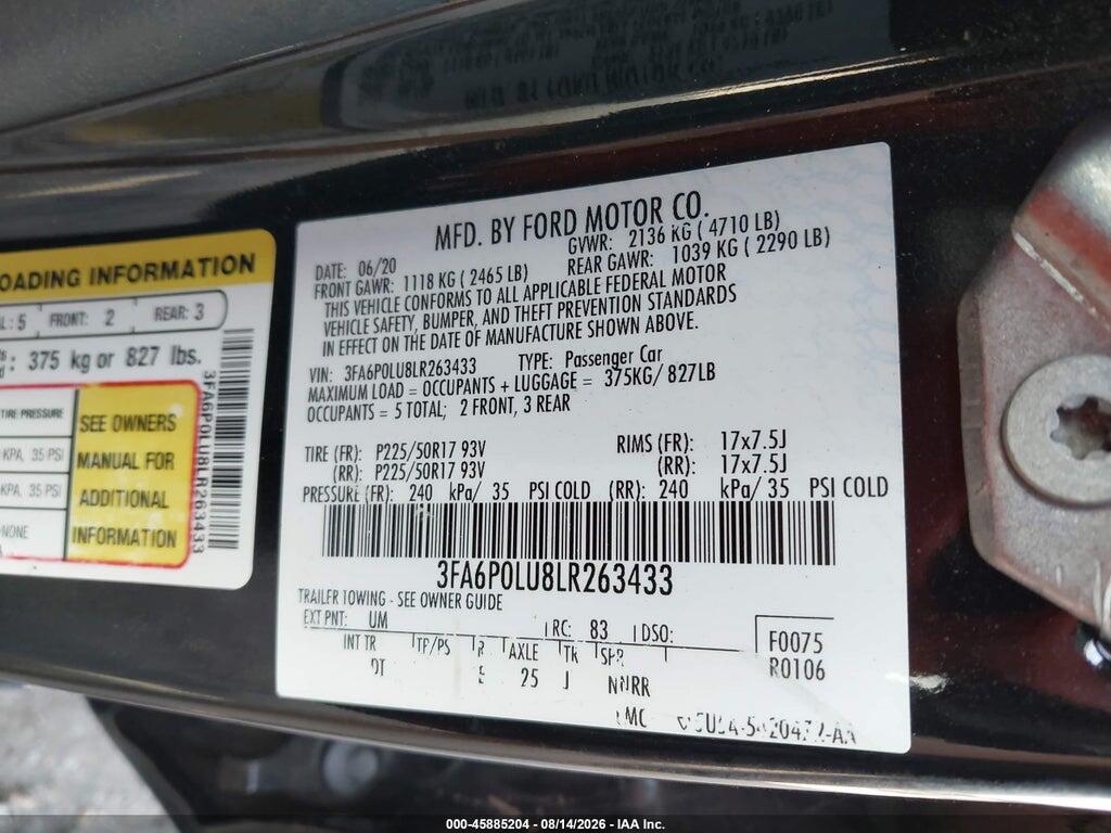3FA6P0LU8LR263433 2020 FORD FUSION photo no. 9