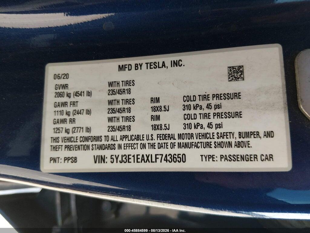 5YJ3E1EAXLF743650 2020 TESLA MODEL 3 photo no. 9