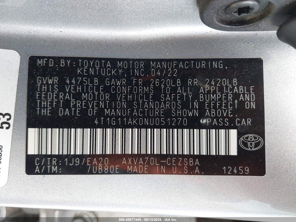 4T1G11AK0NU051270 2022 TOYOTA CAMRY photo no. 9