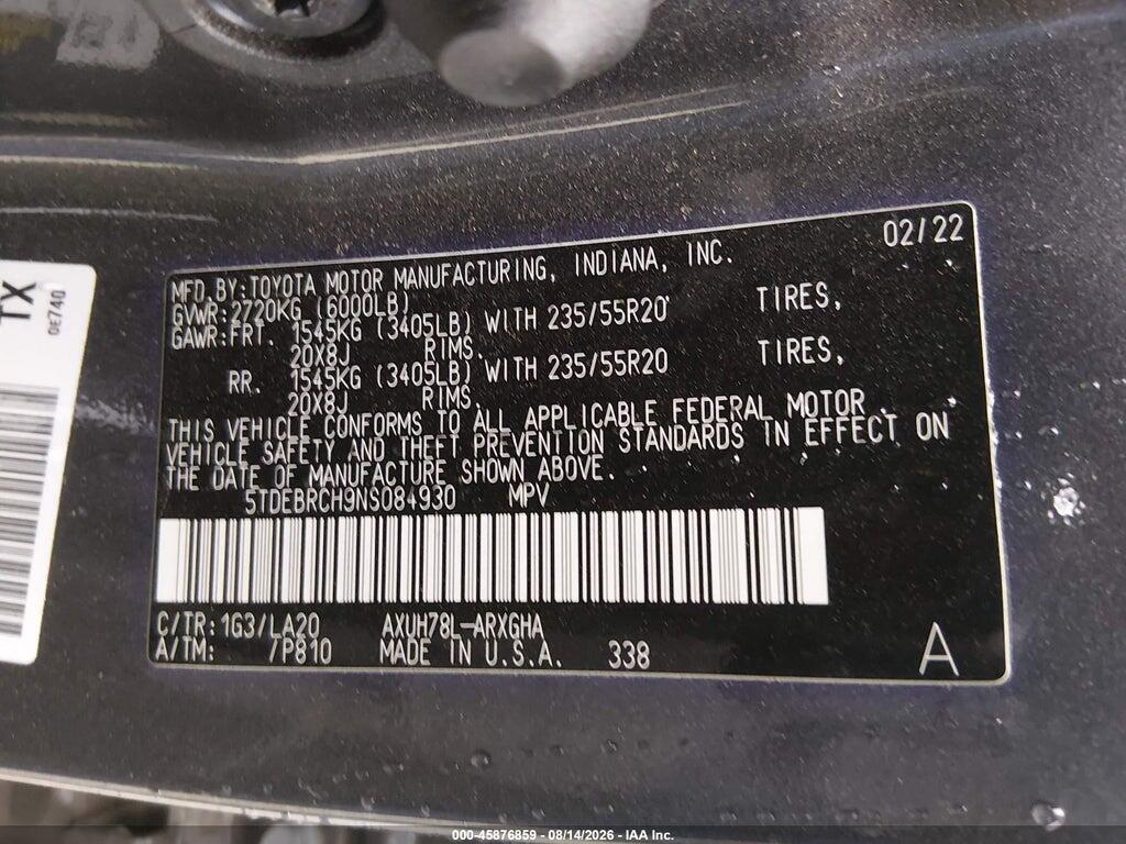 5TDEBRCH9NS084930 2022 TOYOTA HIGHLANDER photo no. 9