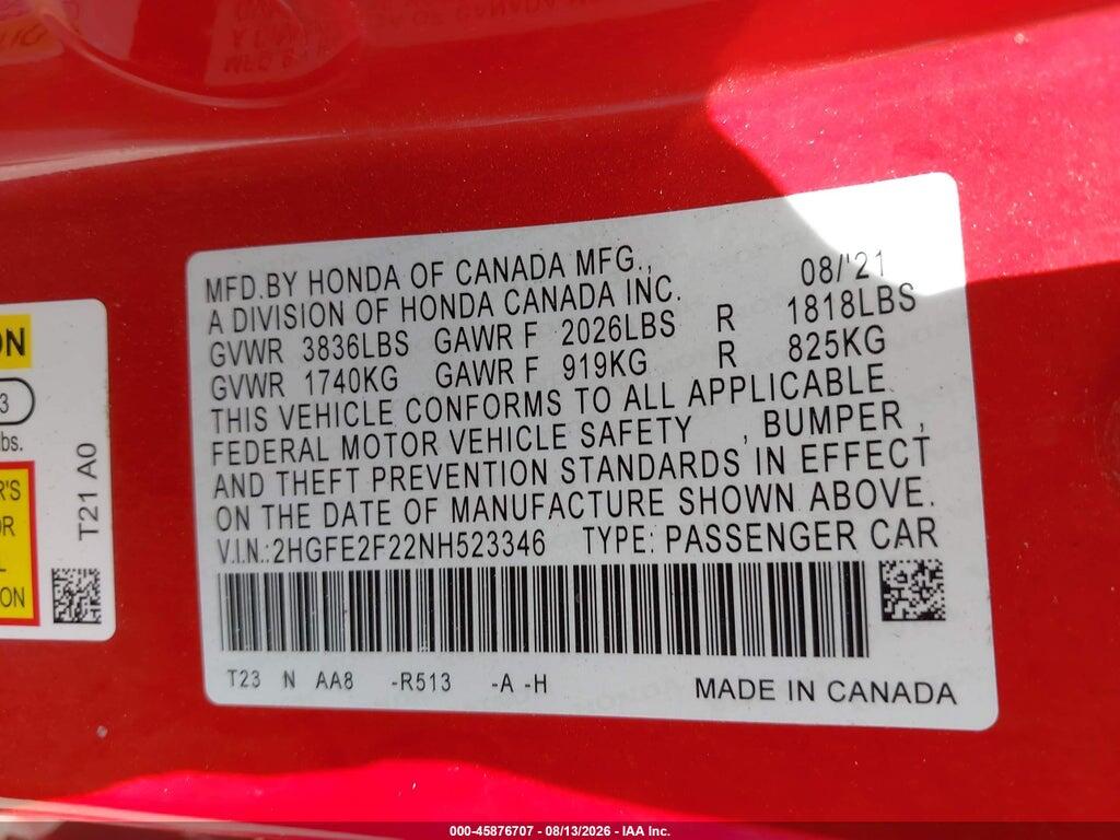 2HGFE2F22NH523346 2022 HONDA CIVIC photo no. 9