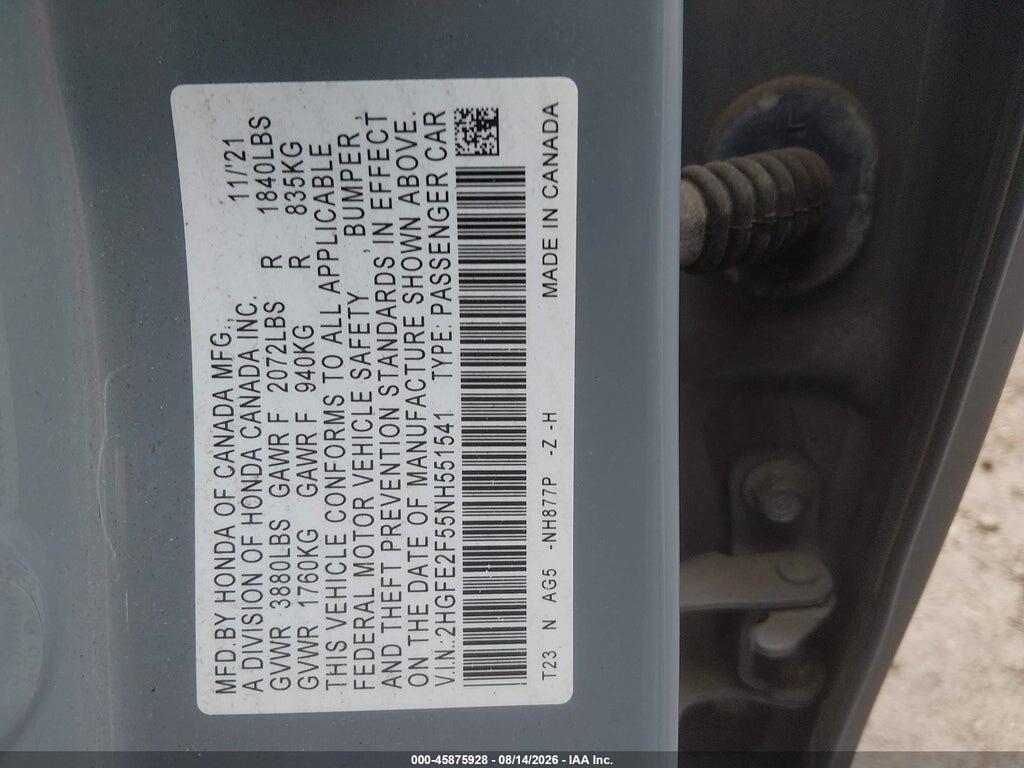 2HGFE2F55NH551541 2022 HONDA CIVIC photo no. 9