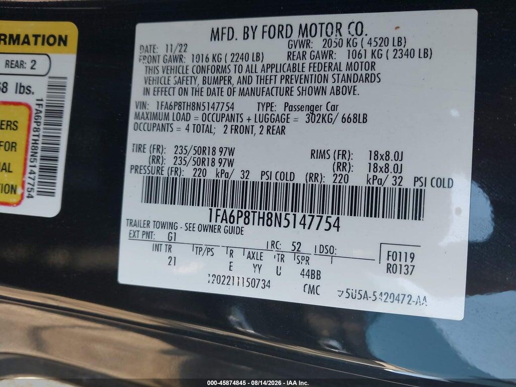 1FA6P8TH8N5147754 2022 FORD MUSTANG photo no. 9