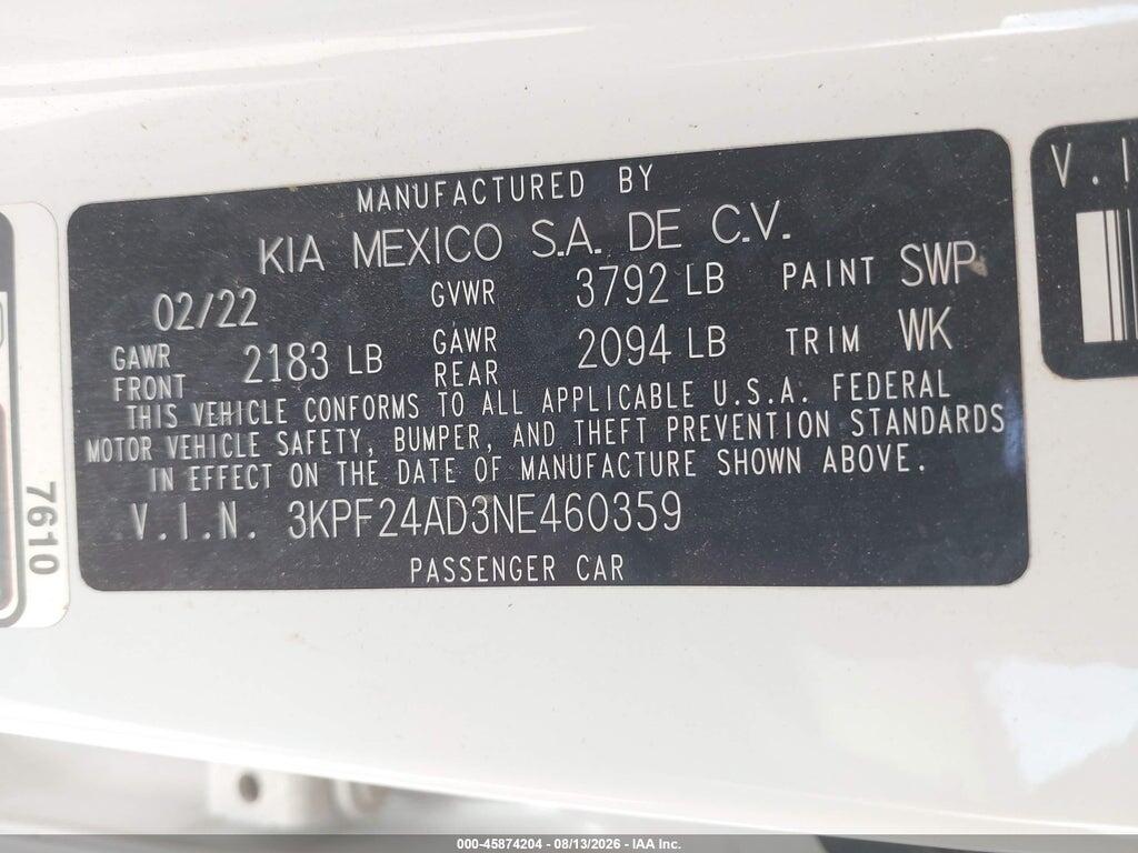 3KPF24AD3NE460359 2022 KIA FORTE photo no. 9