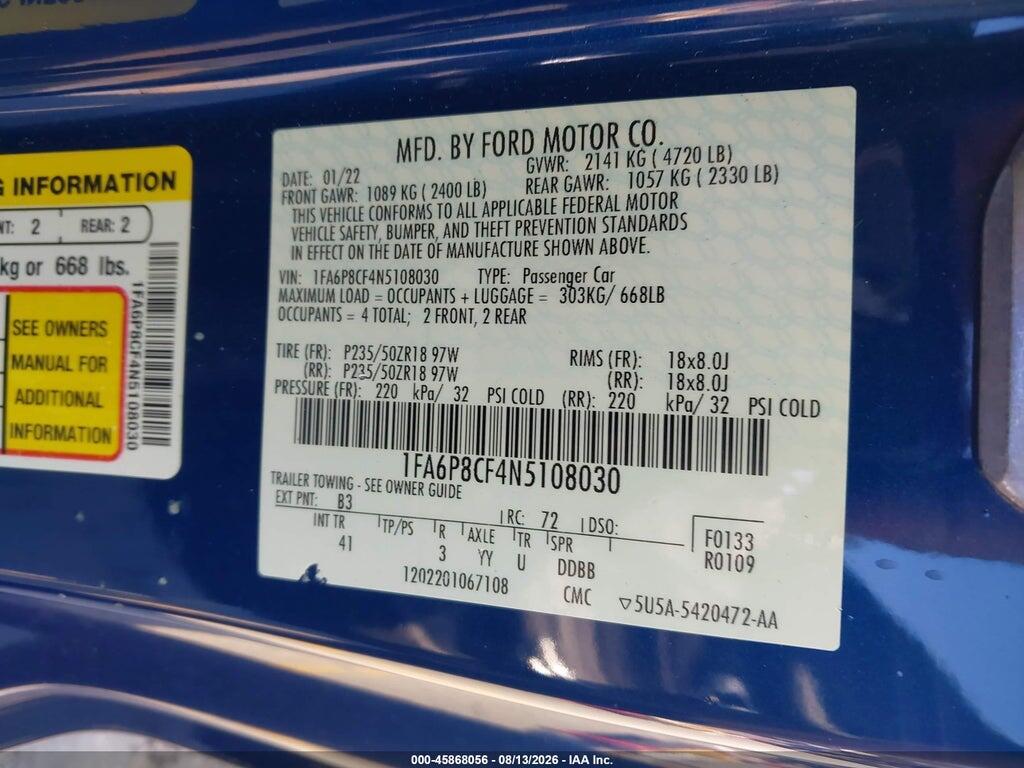 1FA6P8CF4N5108030 2022 FORD MUSTANG photo no. 9