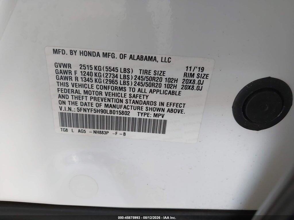 5FNYF5H90LB015802 2020 HONDA PILOT photo no. 9