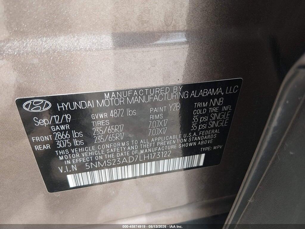 5NMS23AD7LH173122 2020 HYUNDAI SANTA FE photo no. 9