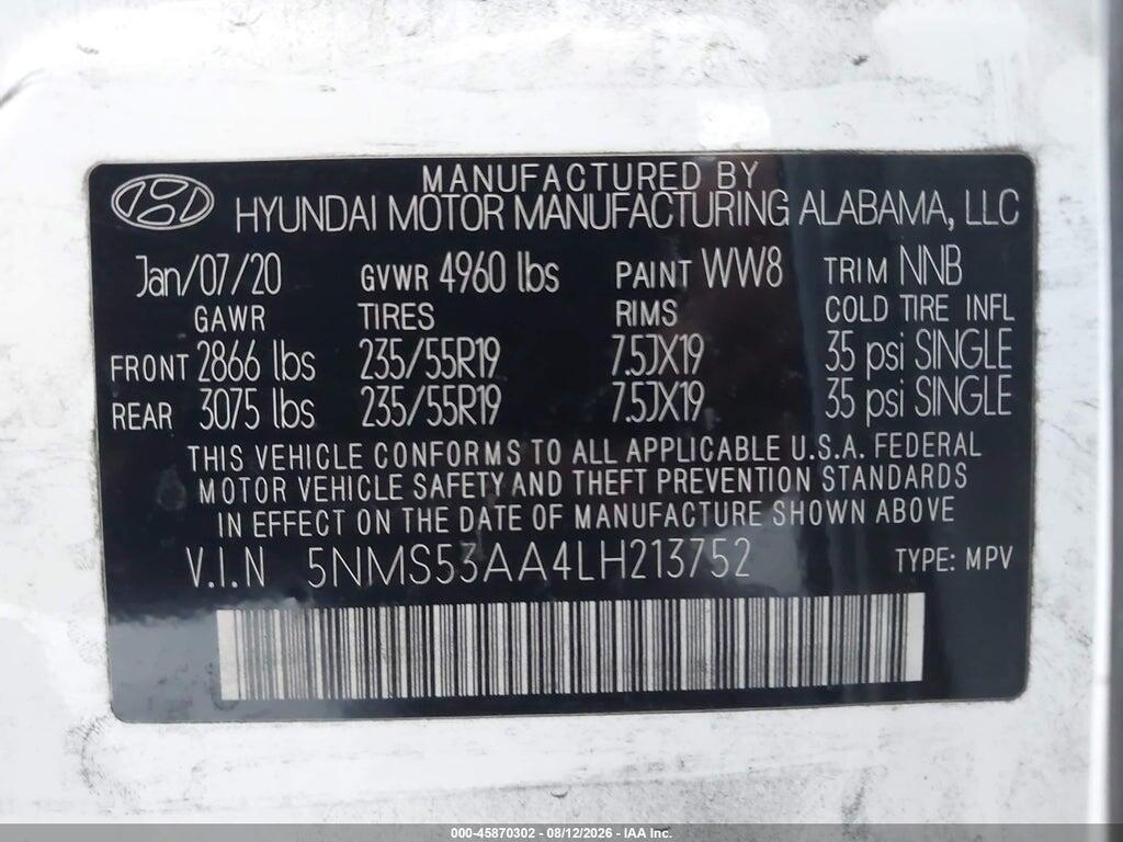 5NMS53AA4LH213752 2020 HYUNDAI SANTA FE photo no. 9