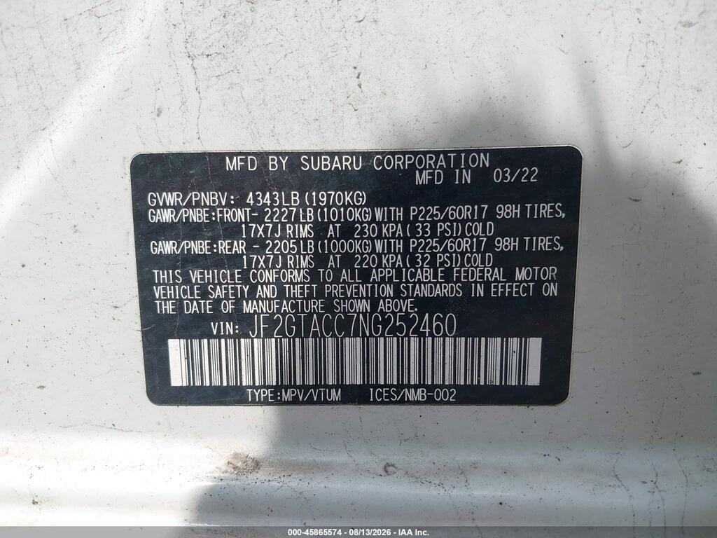 JF2GTACC7NG252460 2022 SUBARU CROSSTREK photo no. 9