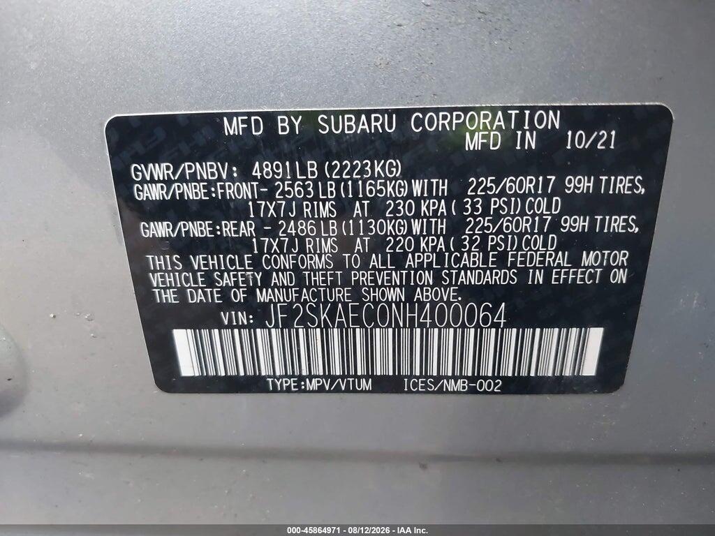 JF2SKAEC0NH400064 2022 SUBARU FORESTER photo no. 9