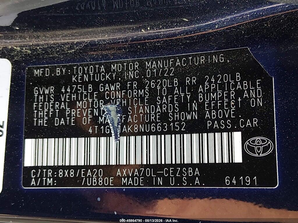 4T1G11AK8NU663152 2022 TOYOTA CAMRY photo no. 9