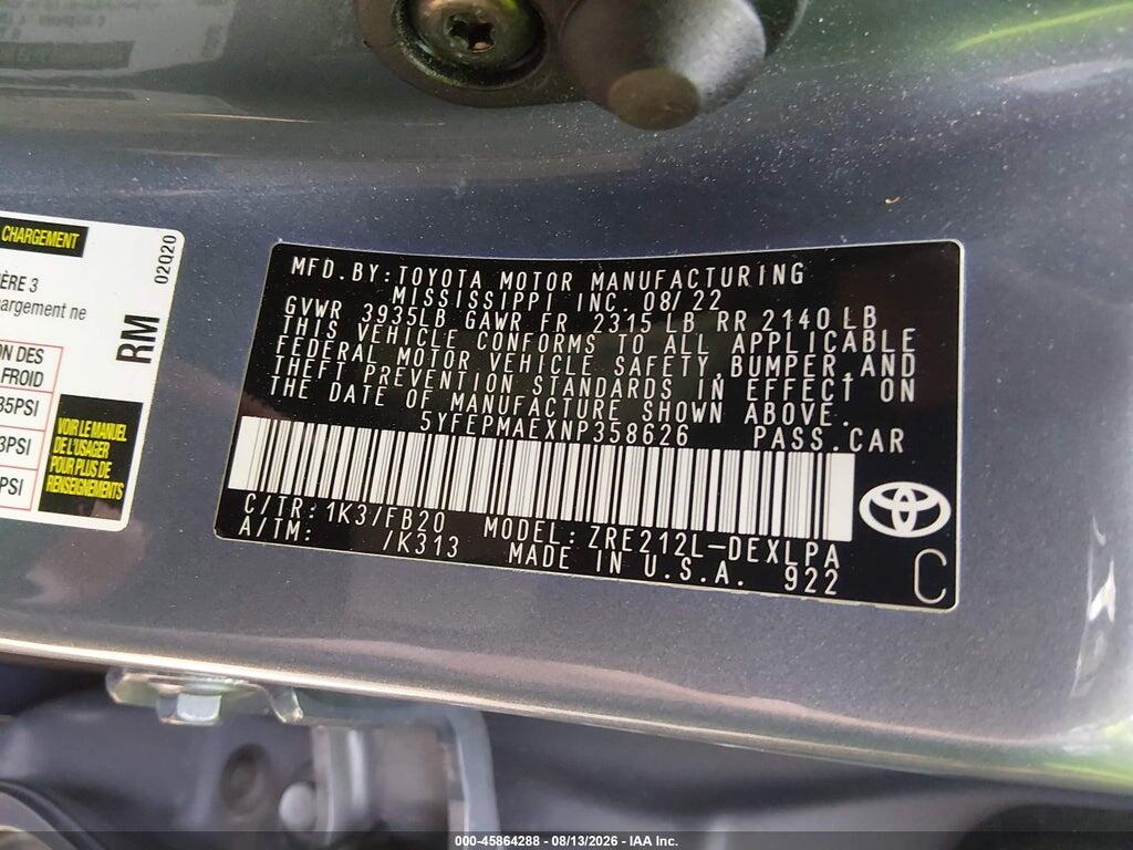 5YFEPMAEXNP358626 2022 TOYOTA COROLLA photo no. 9