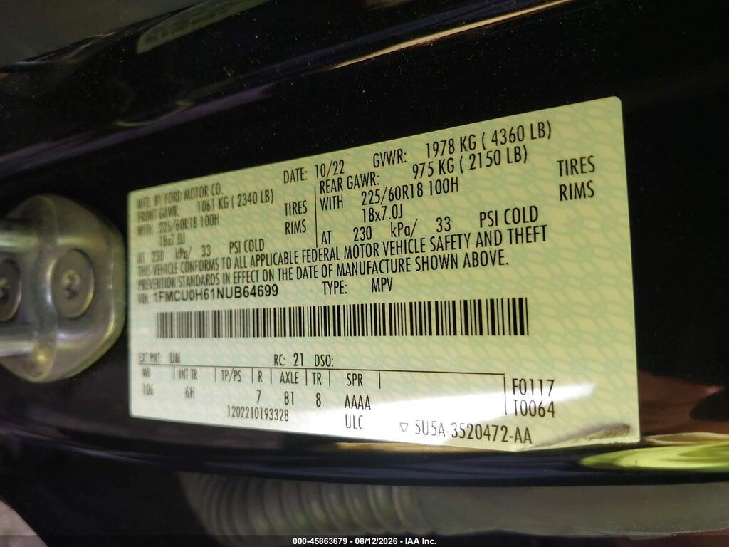 1FMCU0H61NUB64699 2022 FORD ESCAPE photo no. 9