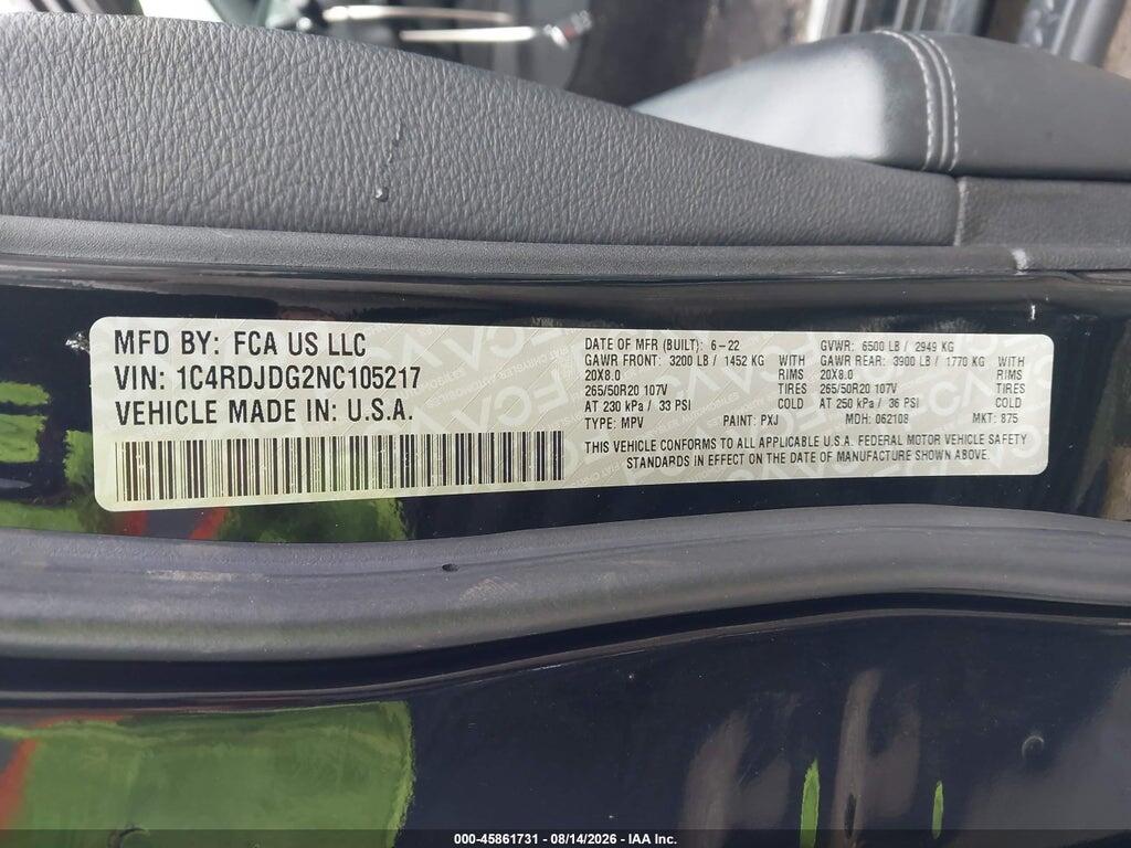1C4RDJDG2NC105217 2022 DODGE DURANGO photo no. 9