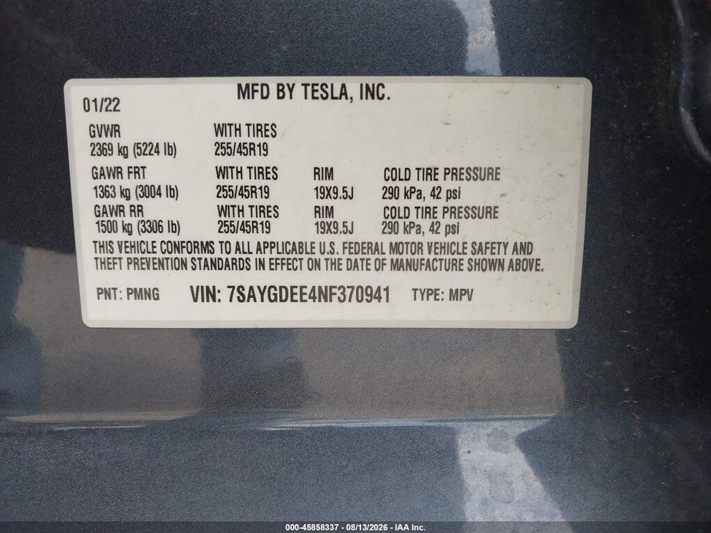 7SAYGDEE4NF370941 2022 TESLA MODEL Y photo no. 9