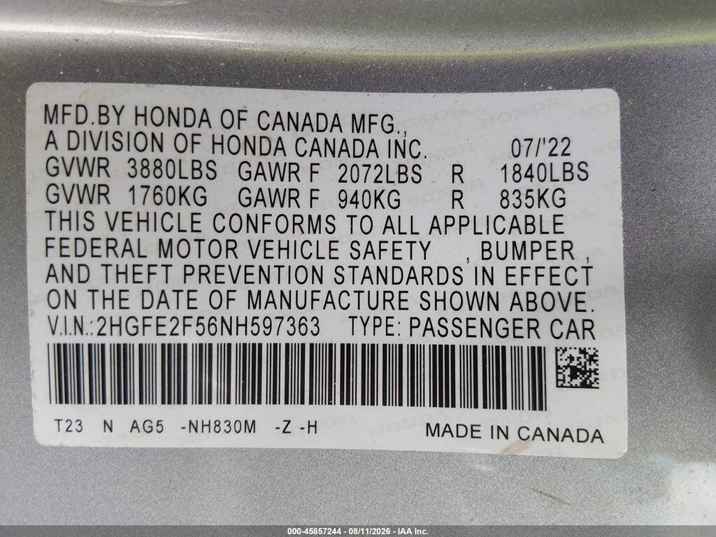 2HGFE2F56NH597363 2022 HONDA CIVIC photo no. 9
