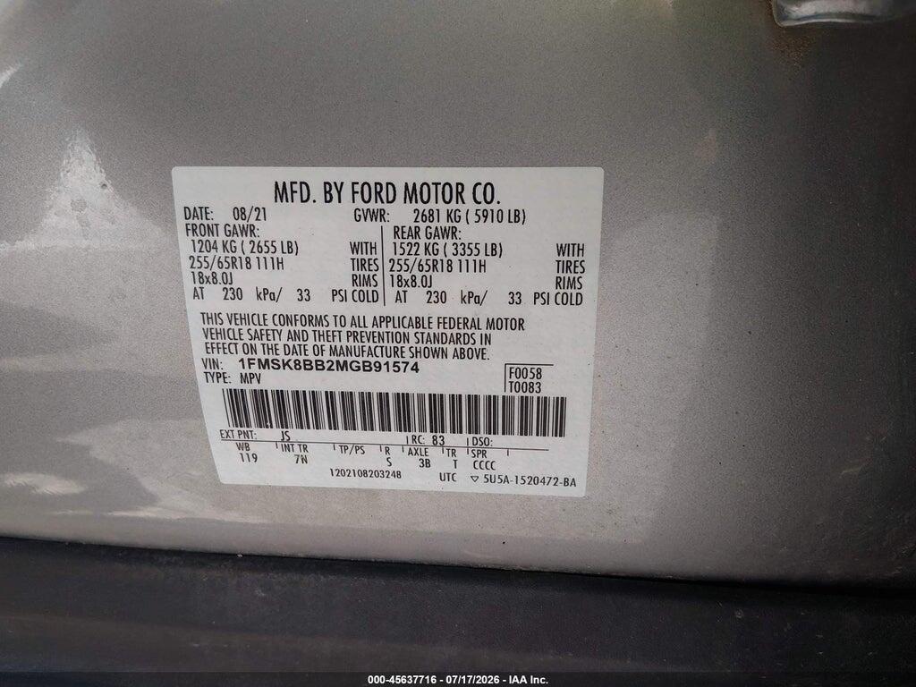 1FMSK8BB2MGB91574 2021 FORD EXPLORER photo no. 9
